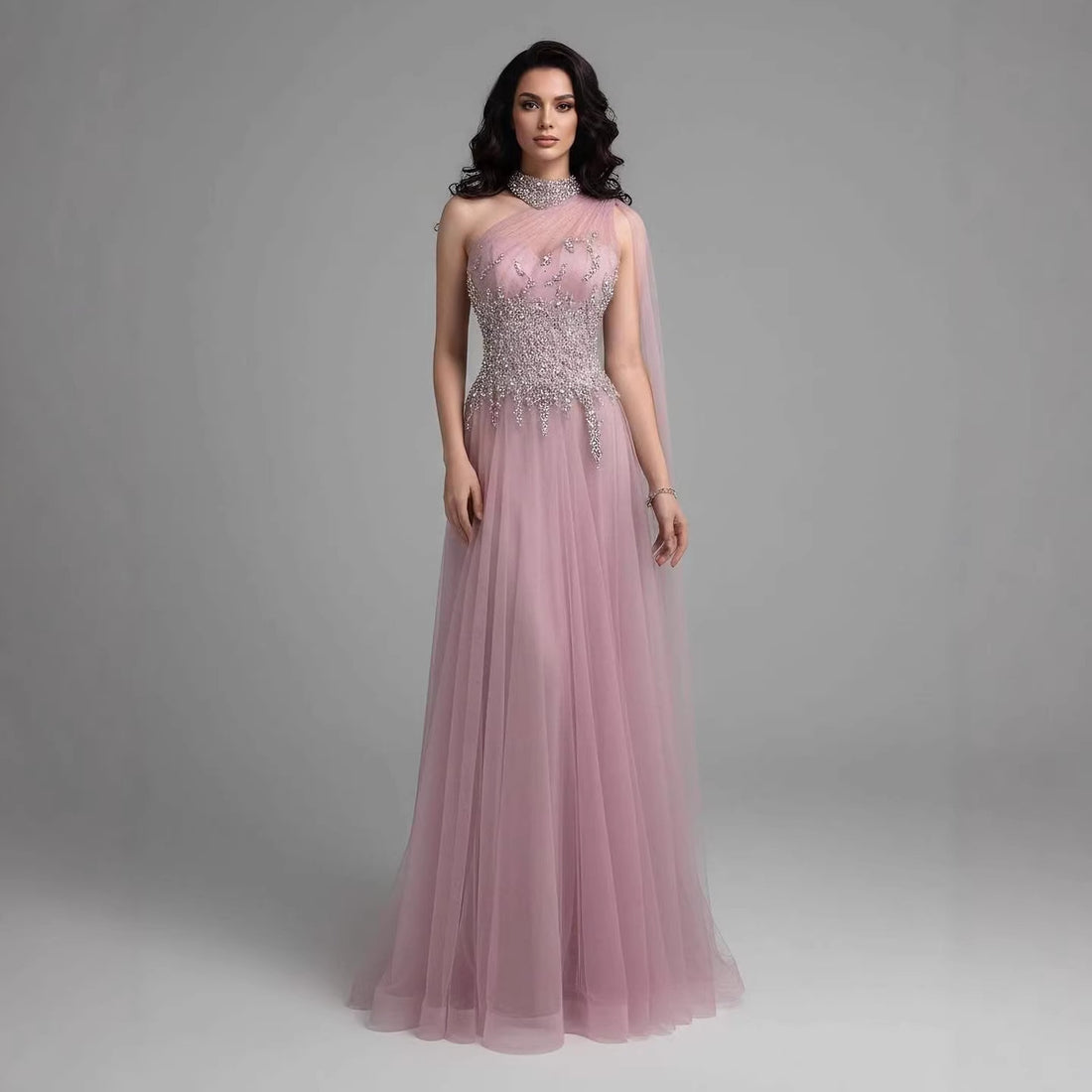 Luxury Nude  A Line One Shoulder Beaded Evening Dress LA73154 - SERENE  HILL