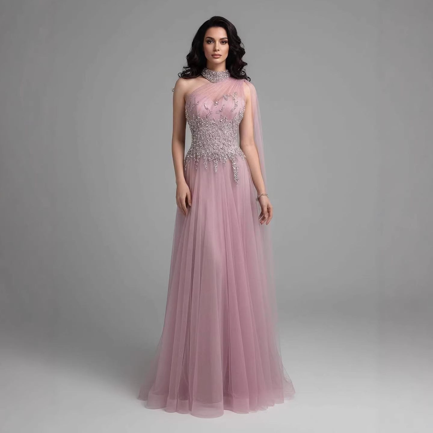 Luxury Nude  A Line One Shoulder Beaded Evening Dress LA73154 - SERENE  HILL