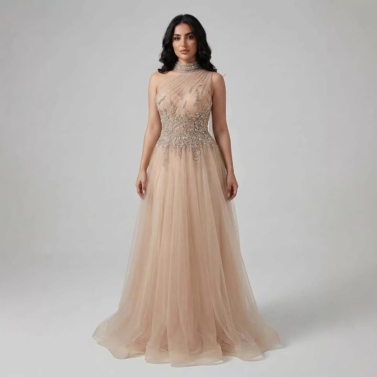 Luxury Nude  A Line One Shoulder Beaded Evening Dress LA73154 - SERENE  HILL