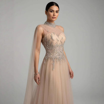 Luxury Nude  A Line One Shoulder Beaded Evening Dress LA73154 - SERENE  HILL