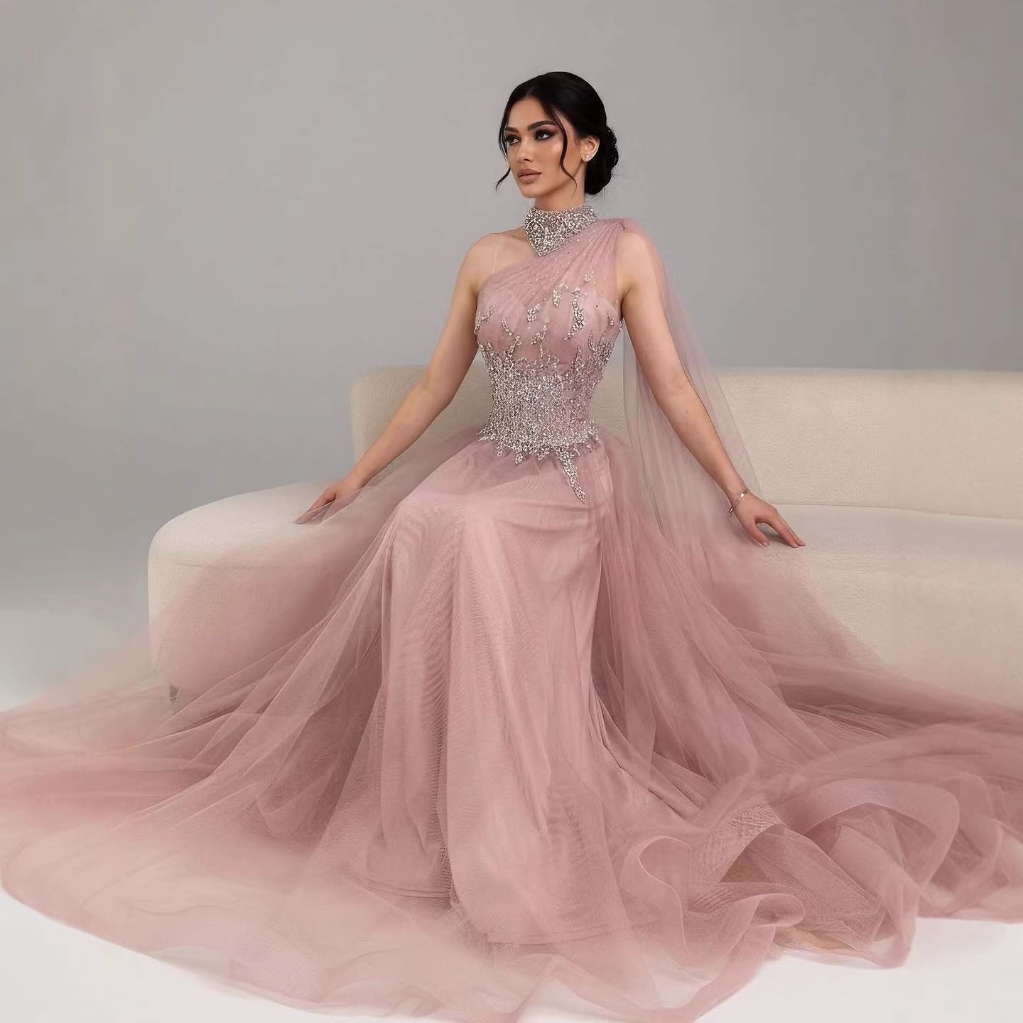 Luxury Nude  A Line One Shoulder Beaded Evening Dress LA73154 - SERENE  HILL