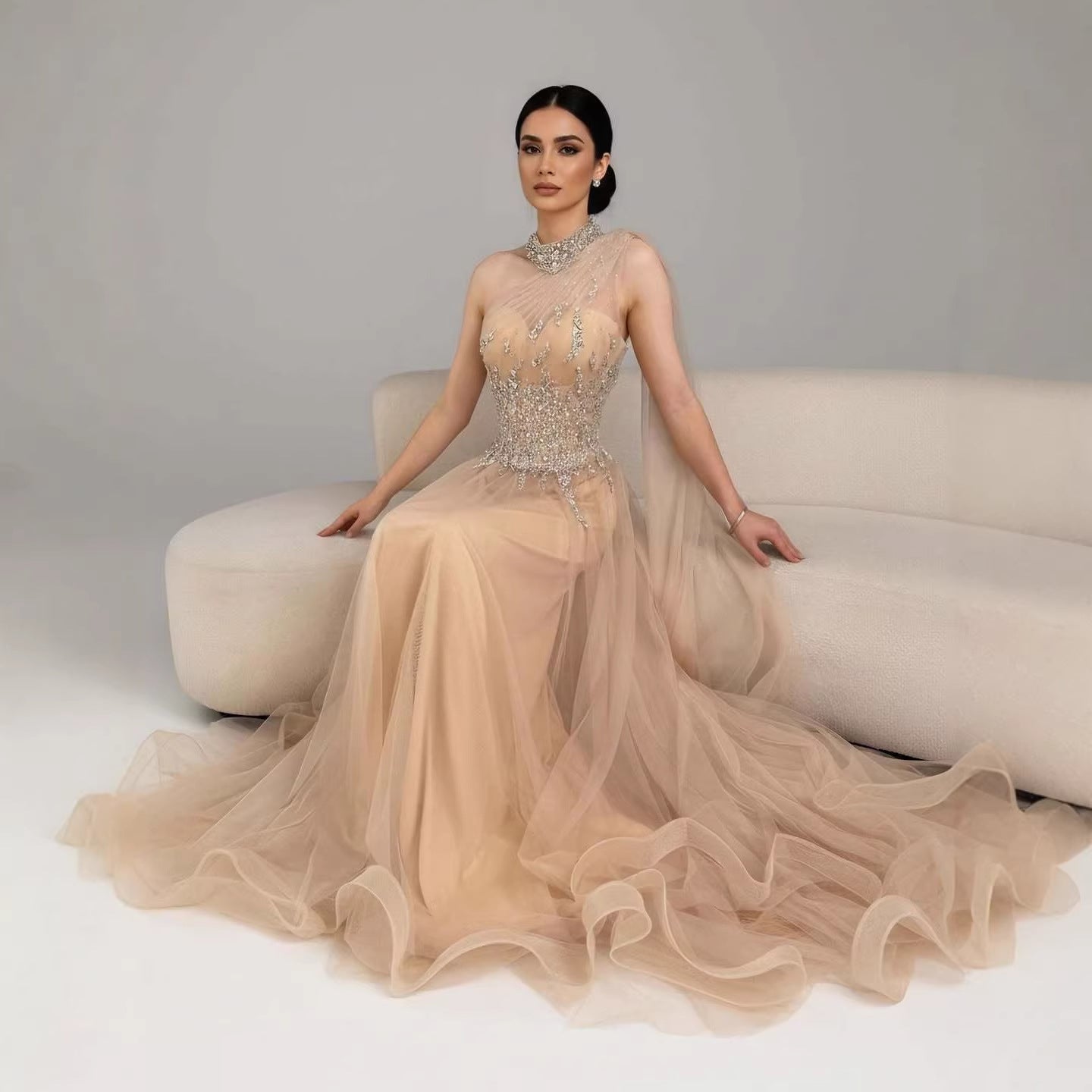Luxury Nude  A Line One Shoulder Beaded Evening Dress LA73154 - SERENE  HILL