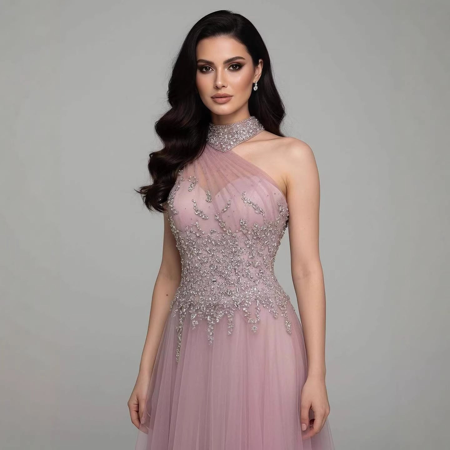 Luxury Nude  A Line One Shoulder Beaded Evening Dress LA73154 - SERENE  HILL