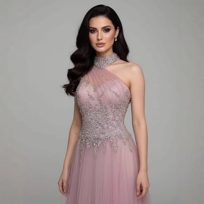 Luxury Nude  A Line One Shoulder Beaded Evening Dress LA73154 - SERENE  HILL