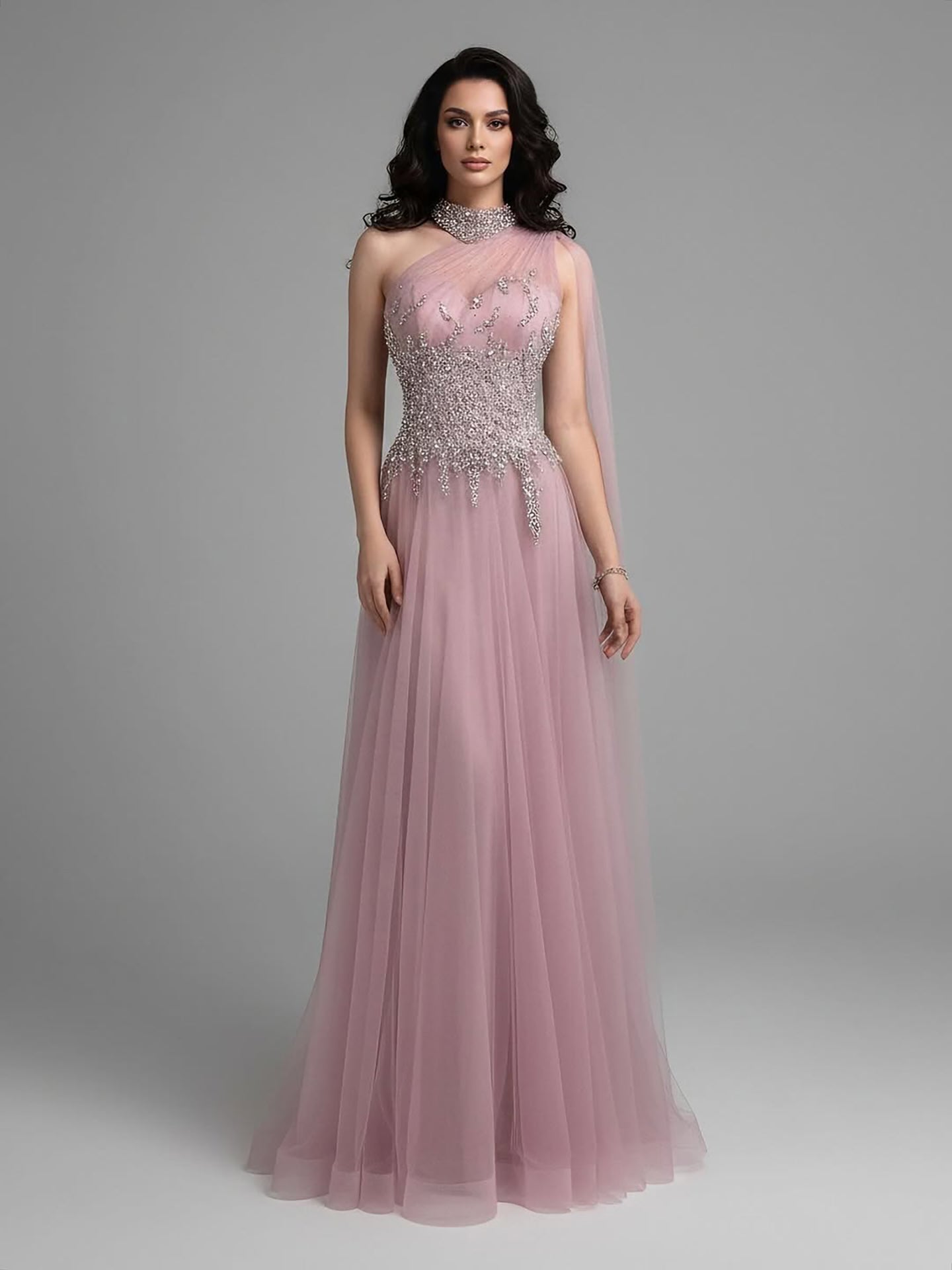 Luxury Nude  A Line One Shoulder Beaded Evening Dress LA73154 - SERENE  HILL