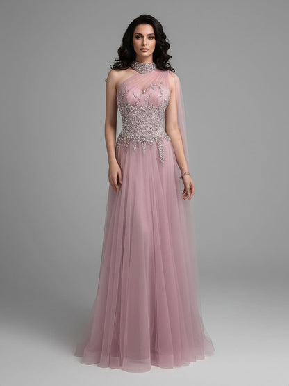 Luxury Nude  A Line One Shoulder Beaded Evening Dress LA73154 - SERENE  HILL