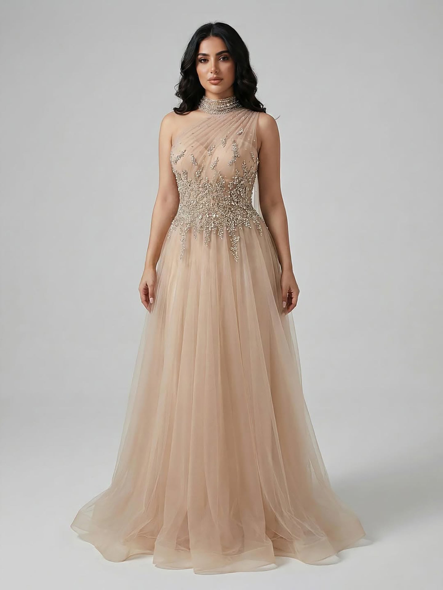 Luxury Nude  A Line One Shoulder Beaded Evening Dress LA73154 - SERENE  HILL