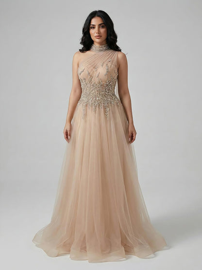 Luxury Nude  A Line One Shoulder Beaded Evening Dress LA73154 - SERENE  HILL