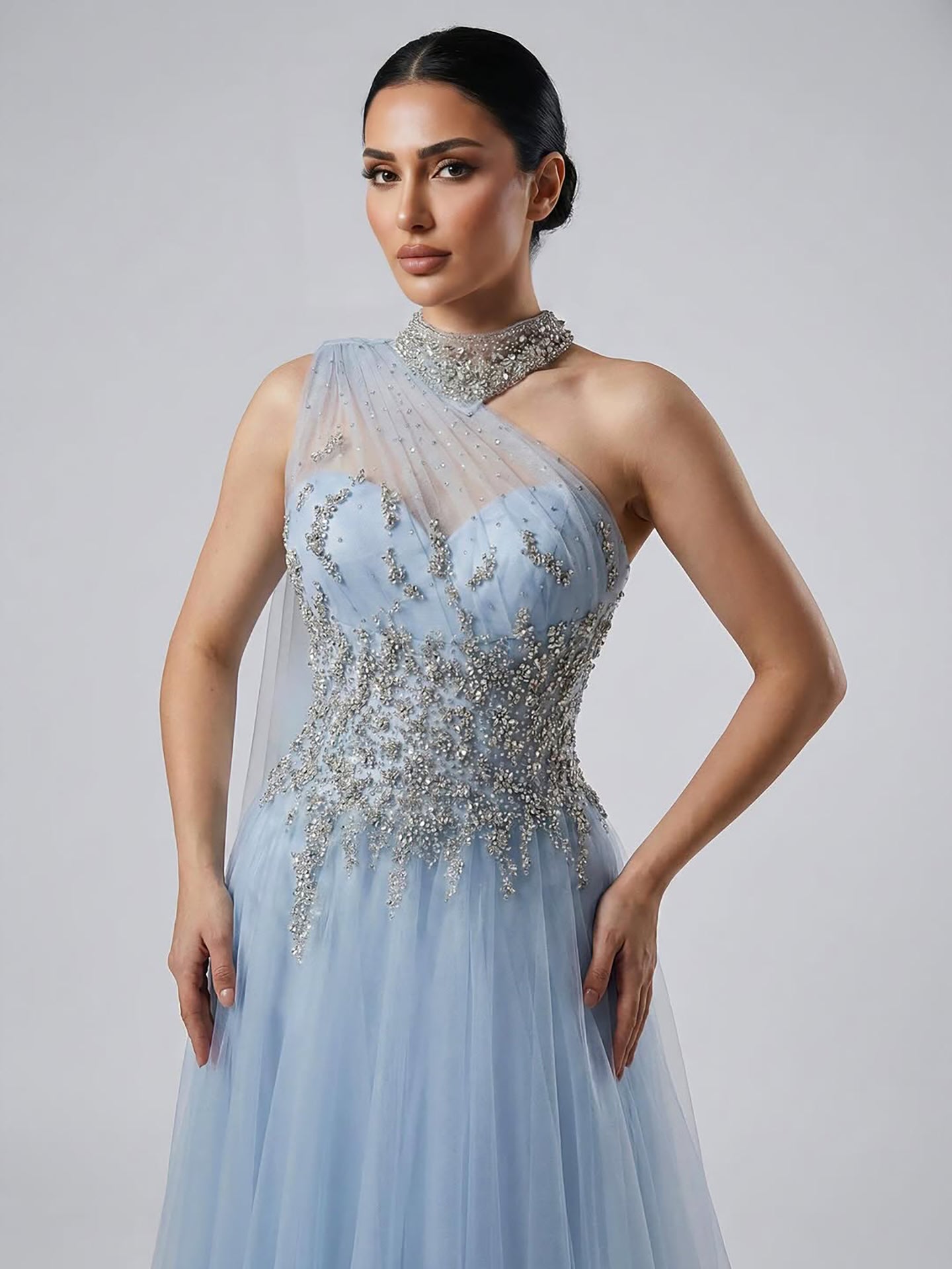 Luxury Nude  A Line One Shoulder Beaded Evening Dress LA73154 - SERENE  HILL