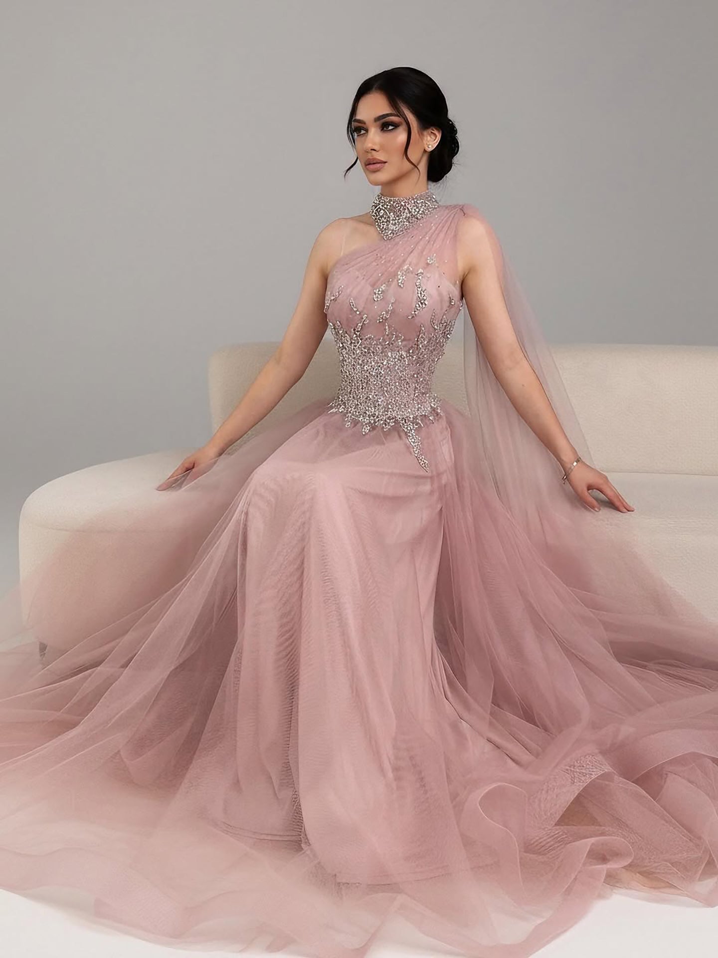 Luxury Nude  A Line One Shoulder Beaded Evening Dress LA73154 - SERENE  HILL