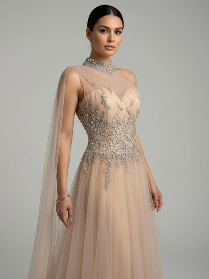 Luxury Nude  A Line One Shoulder Beaded Evening Dress LA73154 - SERENE  HILL