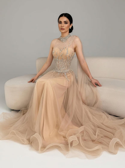 Luxury Nude  A Line One Shoulder Beaded Evening Dress LA73154 - SERENE  HILL