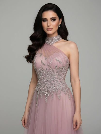 Luxury Nude  A Line One Shoulder Beaded Evening Dress LA73154 - SERENE  HILL