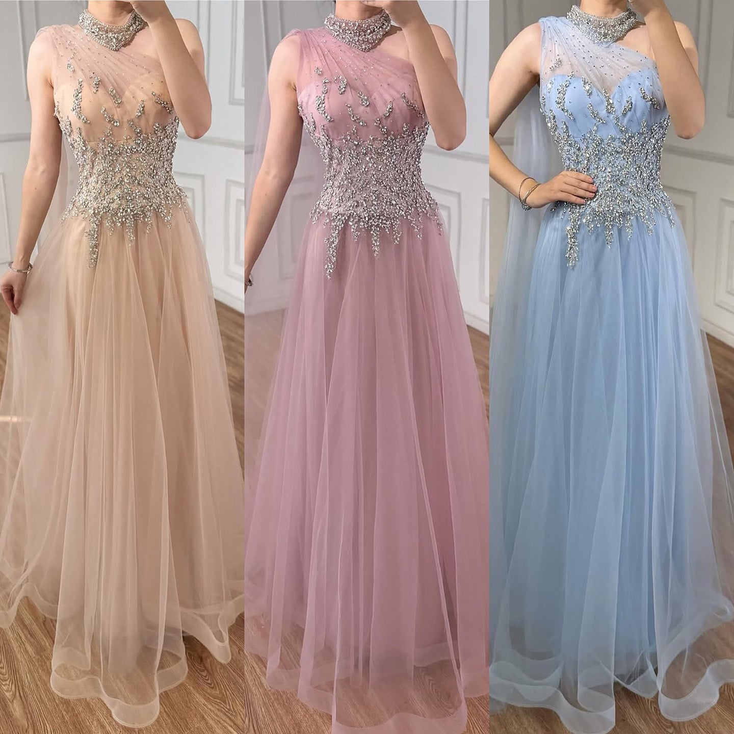 Luxury Nude  A Line One Shoulder Beaded Evening Dress LA73154 - SERENE  HILL
