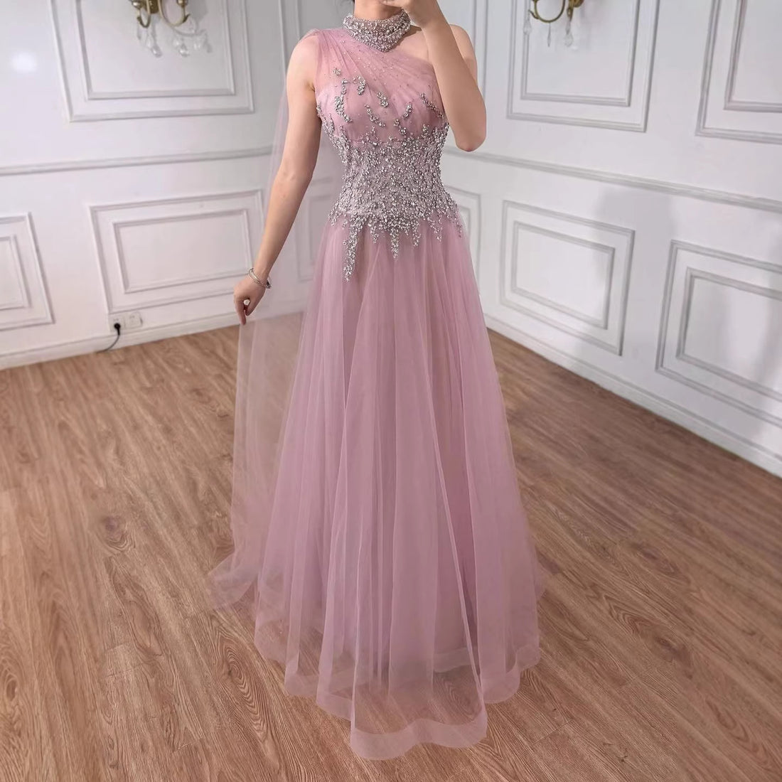 Luxury Nude  A Line One Shoulder Beaded Evening Dress LA73154 - SERENE  HILL