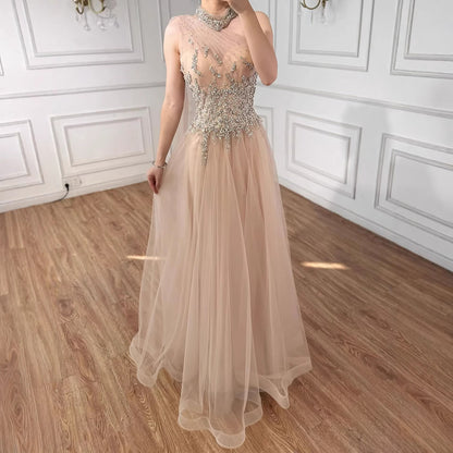 Luxury Nude  A Line One Shoulder Beaded Evening Dress LA73154 - SERENE  HILL