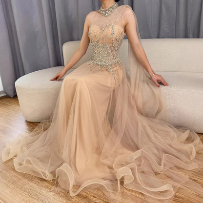 Luxury Nude  A Line One Shoulder Beaded Evening Dress LA73154 - SERENE  HILL