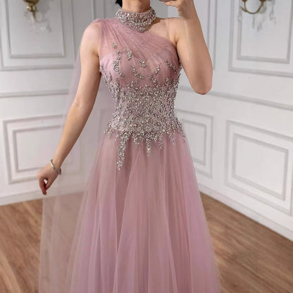 Luxury Nude  A Line One Shoulder Beaded Evening Dress LA73154 - SERENE  HILL