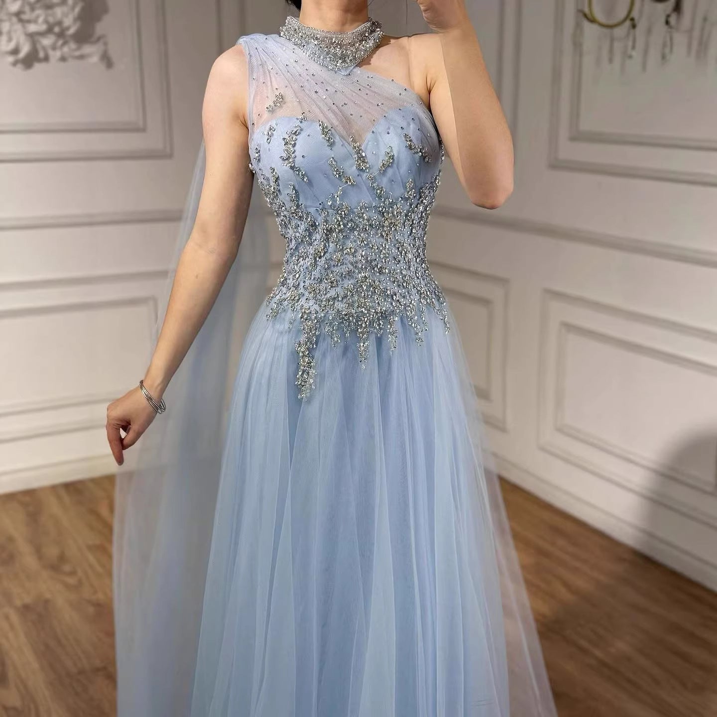 Luxury Nude  A Line One Shoulder Beaded Evening Dress LA73154 - SERENE  HILL