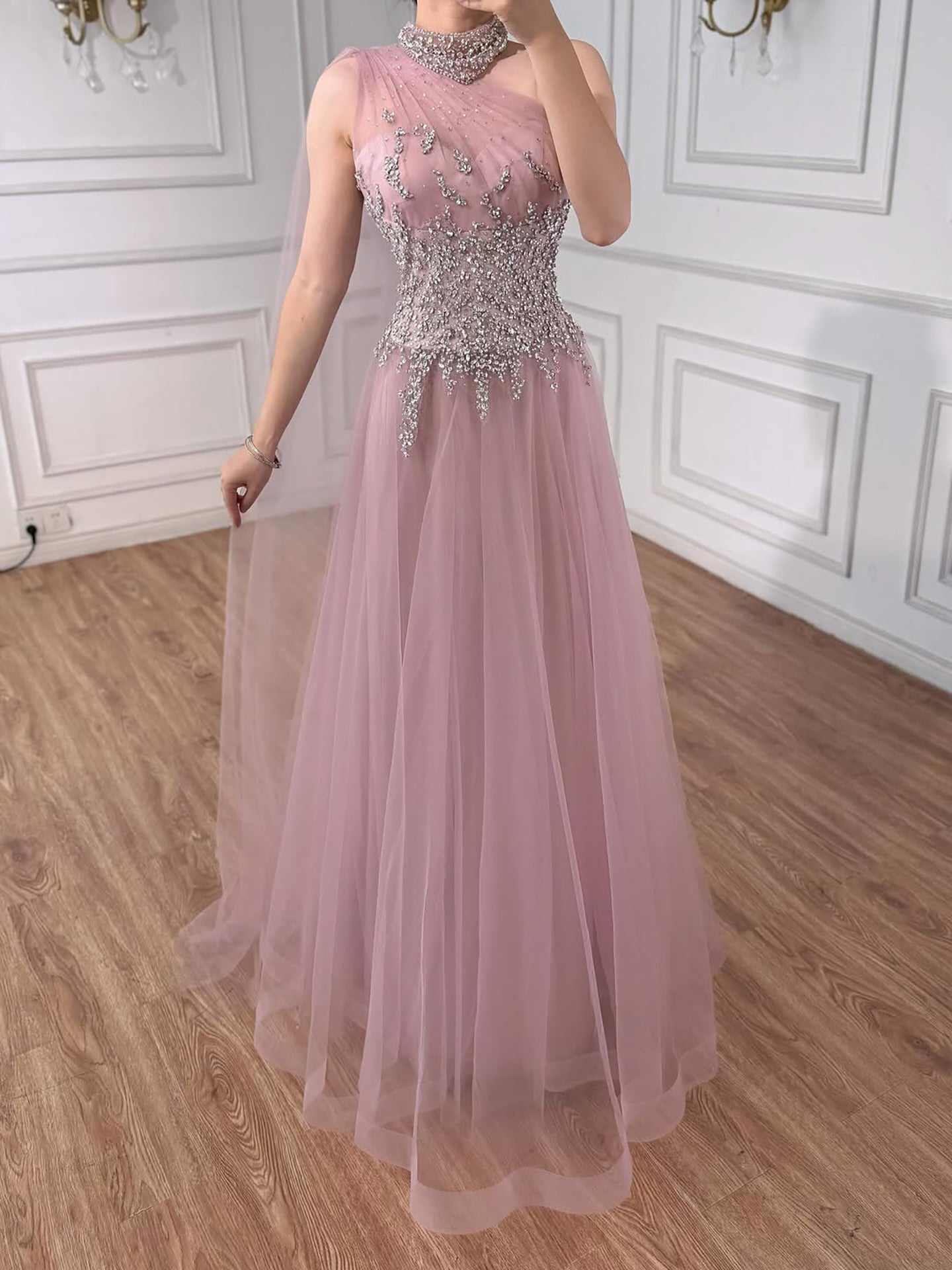 Luxury Nude  A Line One Shoulder Beaded Evening Dress LA73154 - SERENE  HILL