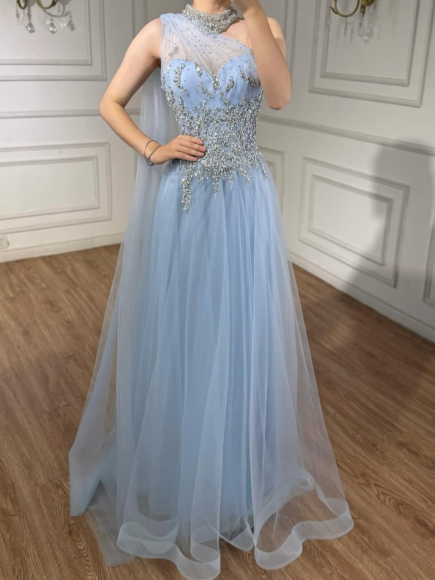 Luxury Nude  A Line One Shoulder Beaded Evening Dress LA73154 - SERENE  HILL