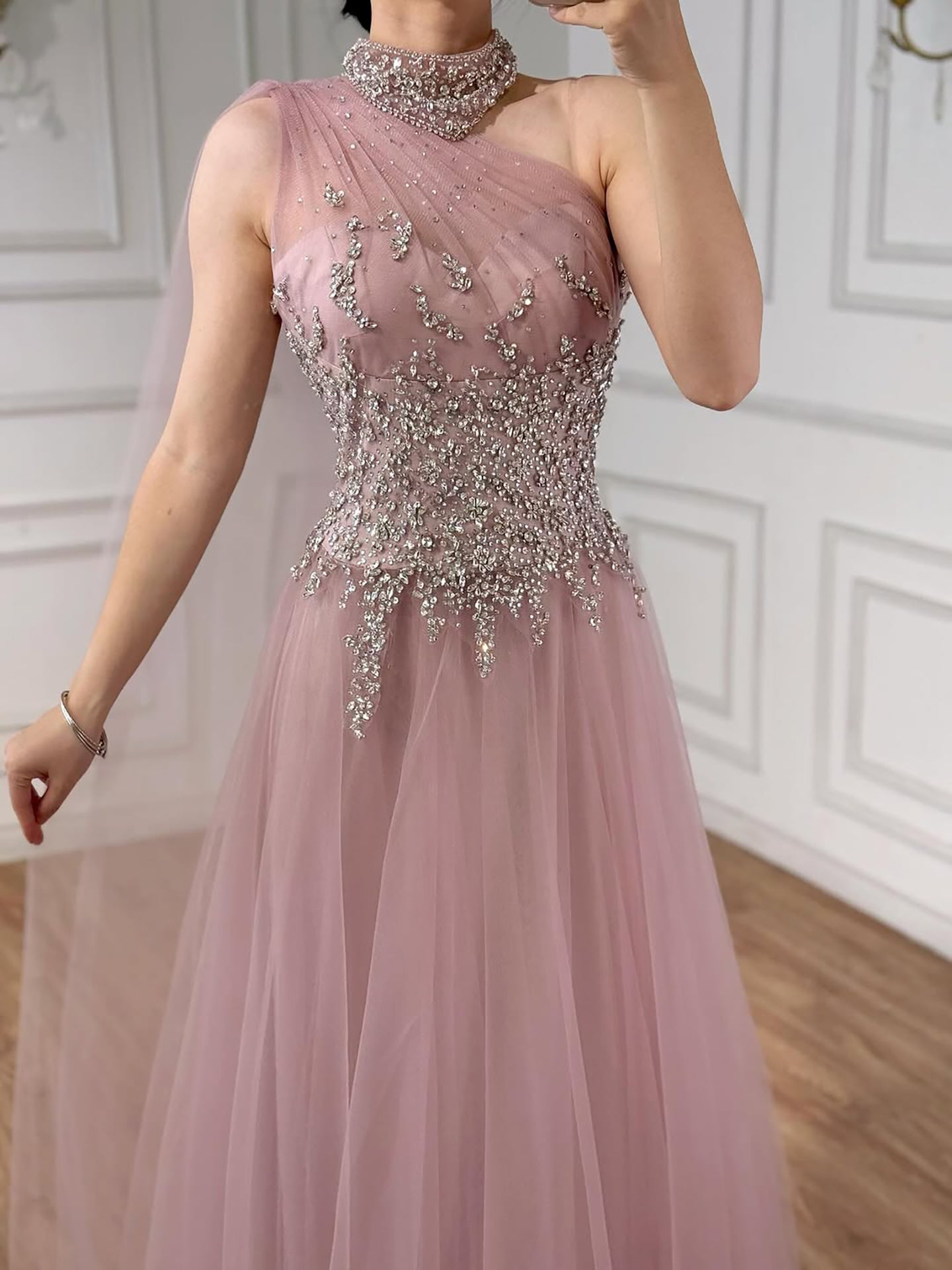 Luxury Nude  A Line One Shoulder Beaded Evening Dress LA73154 - SERENE  HILL