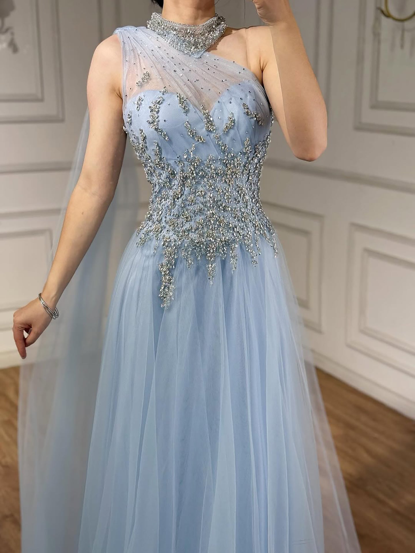 Luxury Nude  A Line One Shoulder Beaded Evening Dress LA73154 - SERENE  HILL