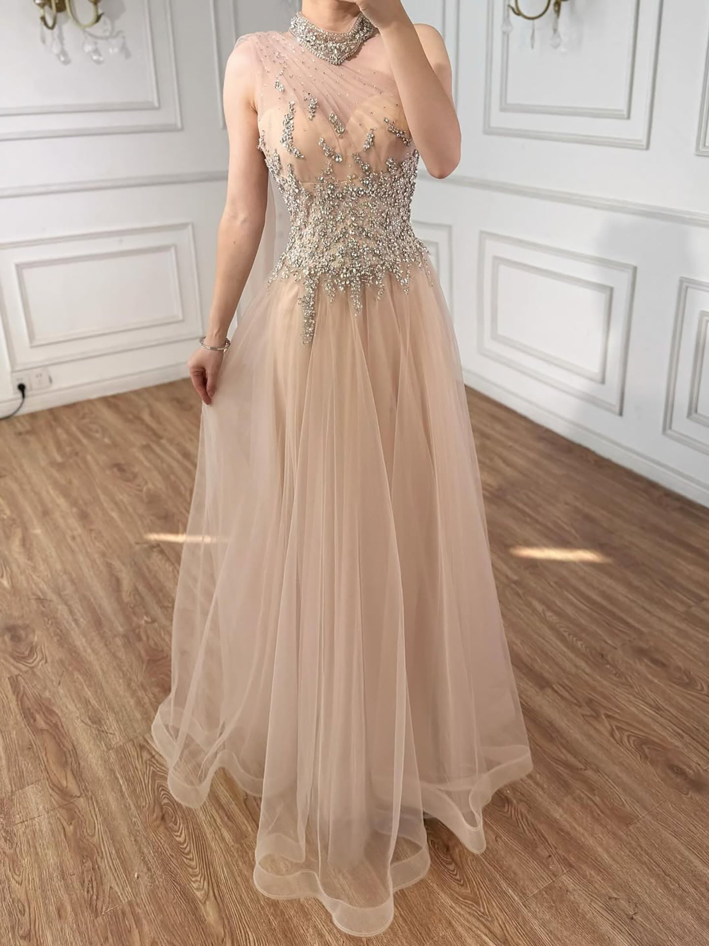 Luxury Nude  A Line One Shoulder Beaded Evening Dress LA73154 - SERENE  HILL