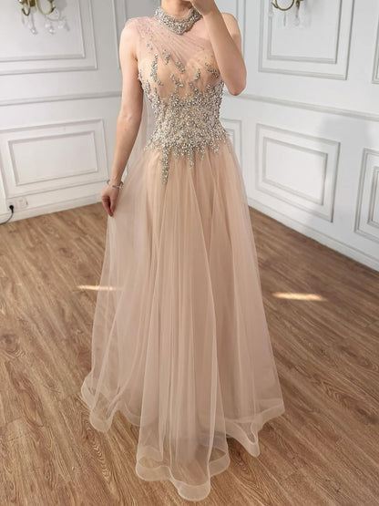 Luxury Nude  A Line One Shoulder Beaded Evening Dress LA73154 - SERENE  HILL