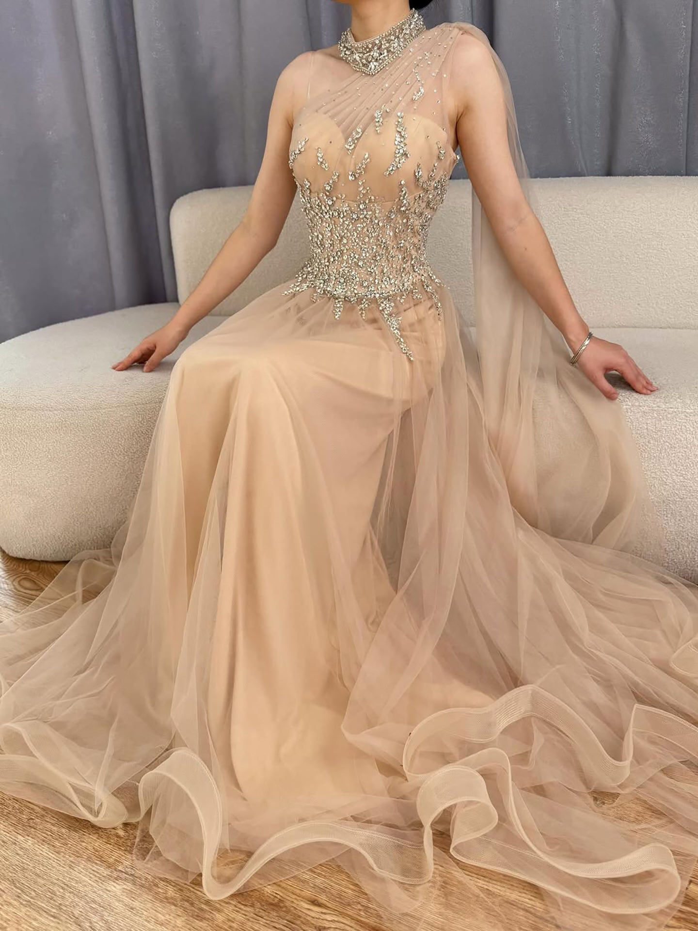 Luxury Nude  A Line One Shoulder Beaded Evening Dress LA73154 - SERENE  HILL