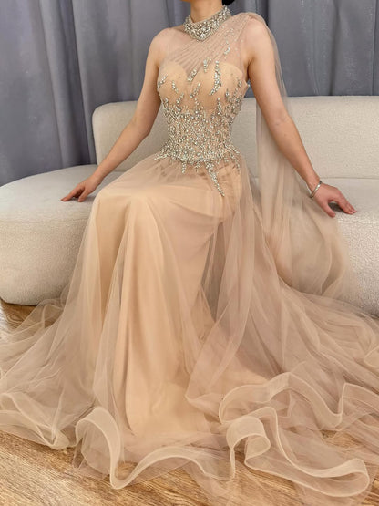 Luxury Nude  A Line One Shoulder Beaded Evening Dress LA73154 - SERENE  HILL