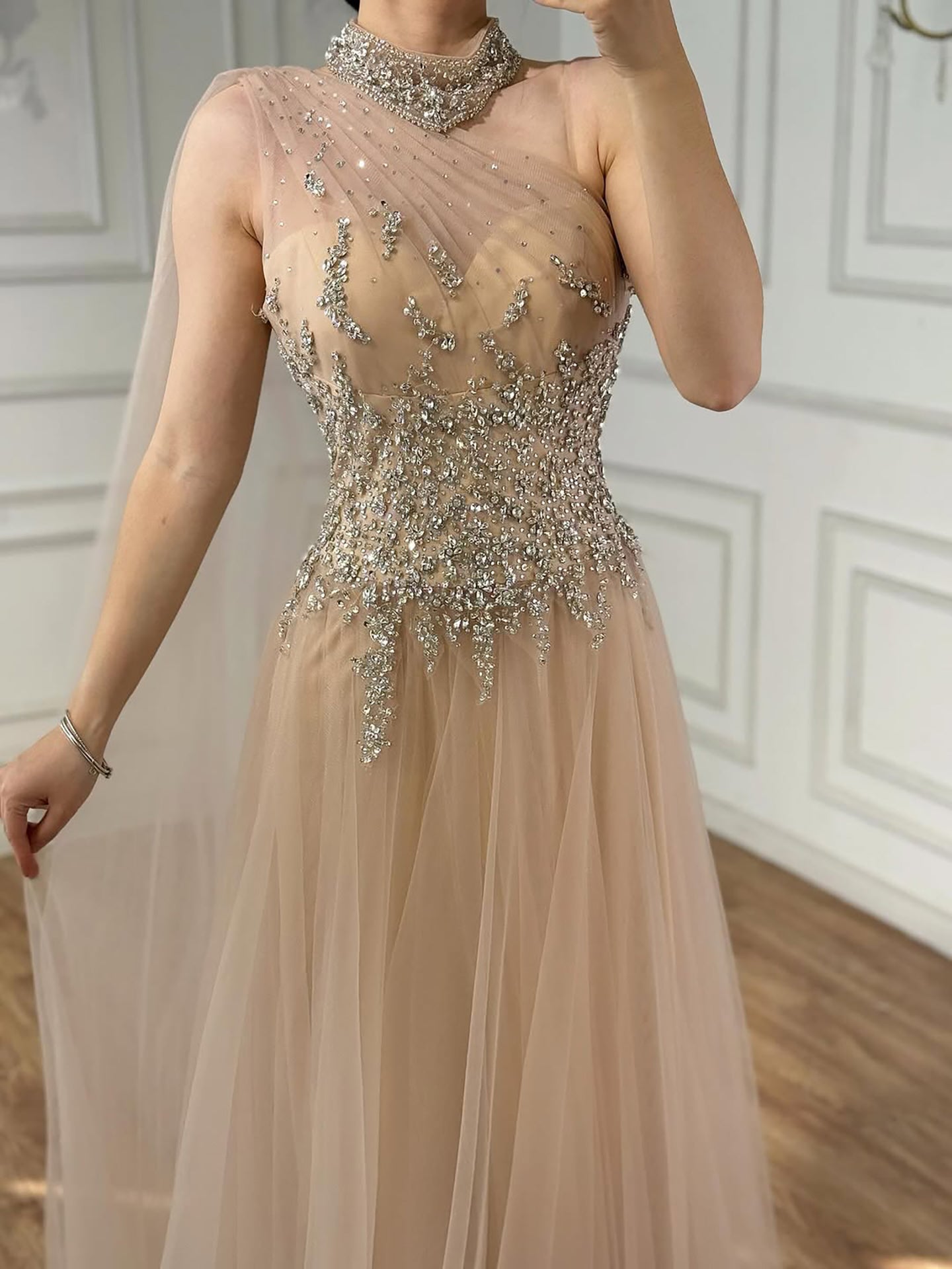 Luxury Nude  A Line One Shoulder Beaded Evening Dress LA73154 - SERENE  HILL