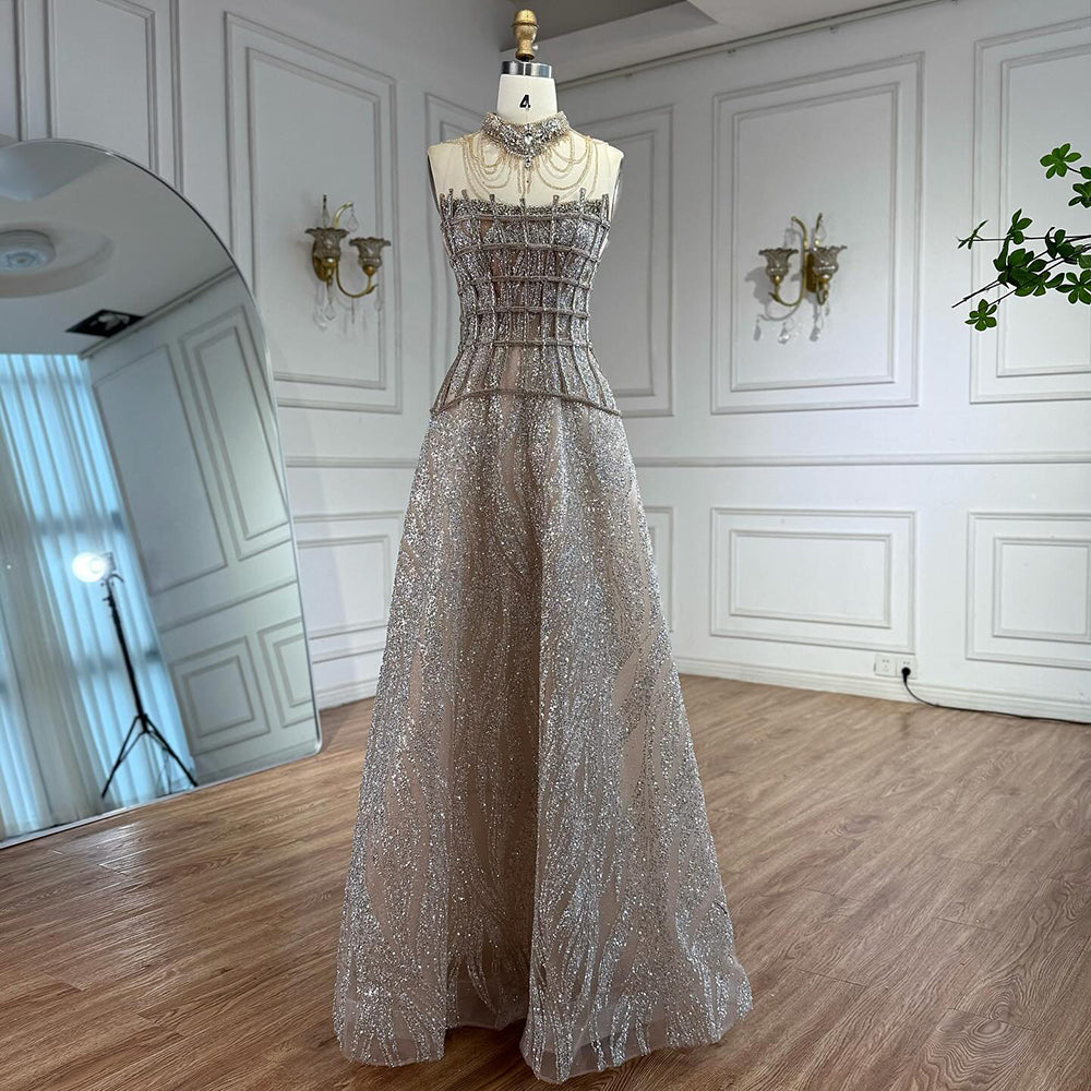 Luxury Nude Beaded A-Line Evening Dress for Women Formal Occasion LA73163 - SERENE  HILL