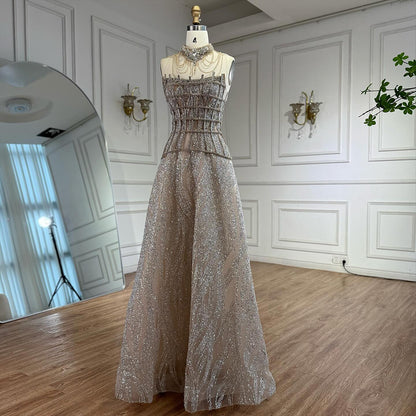 Luxury Nude Beaded A-Line Evening Dress for Women Formal Occasion LA73163 - SERENE  HILL