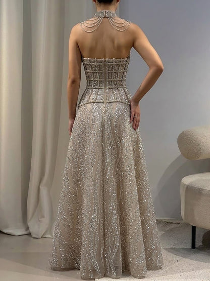 Luxury Nude Beaded A-Line Evening Dress for Women Formal Occasion LA73163 - SERENE  HILL
