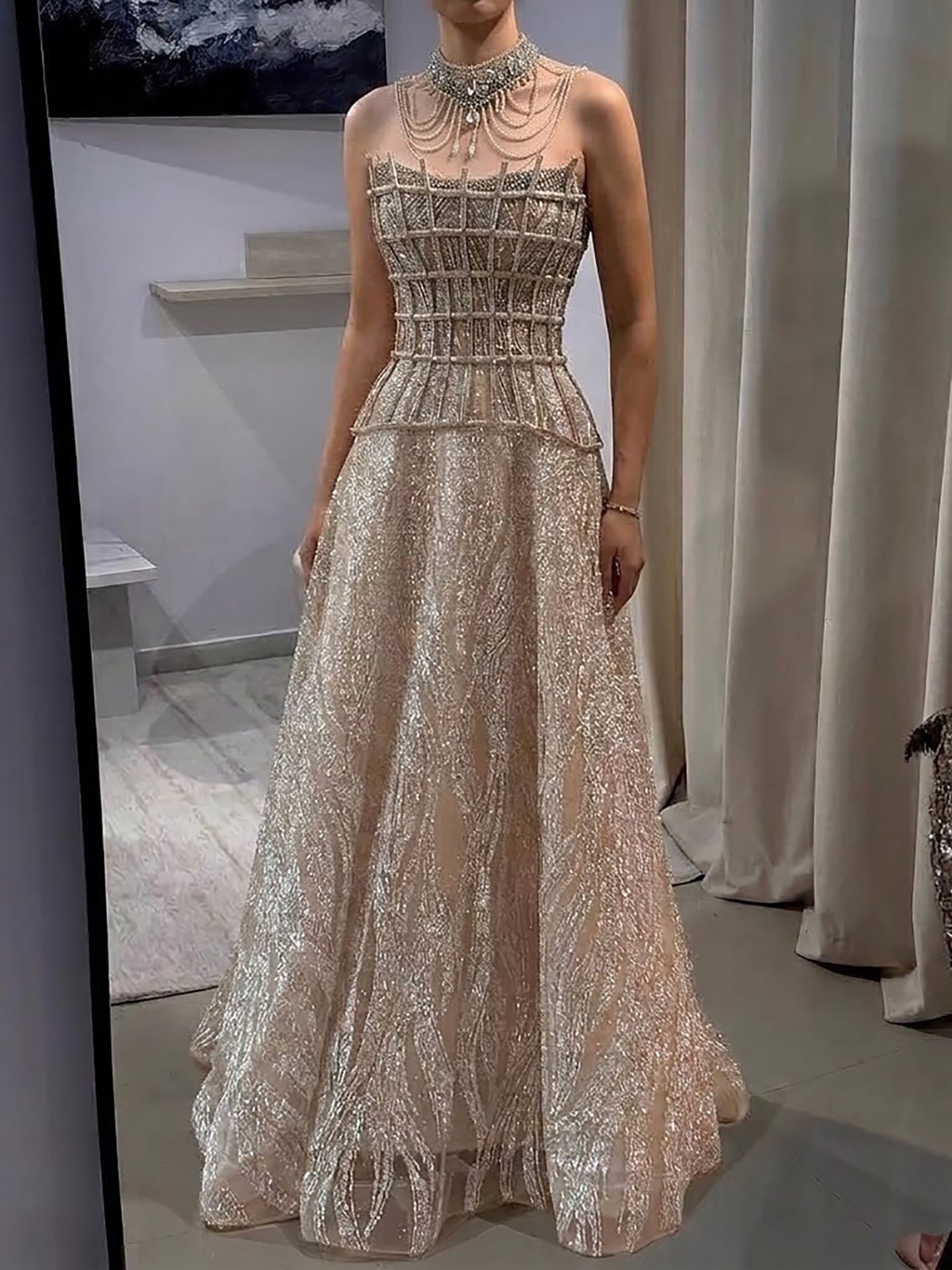 Luxury Nude Beaded A-Line Evening Dress for Women Formal Occasion LA73163 - SERENE  HILL