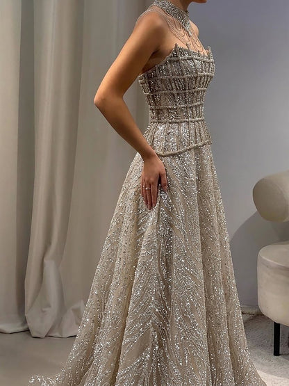 Luxury Nude Beaded A-Line Evening Dress for Women Formal Occasion LA73163 - SERENE  HILL