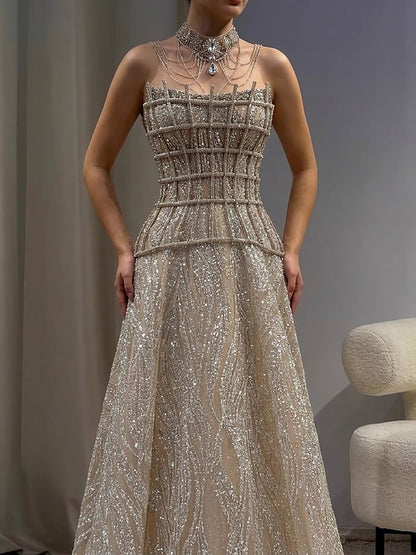 Luxury Nude Beaded A-Line Evening Dress for Women Formal Occasion LA73163 - SERENE  HILL