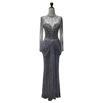 Luxury Silver Crystal Beaded Long Sleeve Evening Dress LA73167 - SERENE  HILL