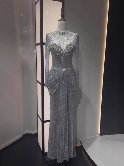 Luxury Silver Crystal Beaded Long Sleeve Evening Dress LA73167 - SERENE  HILL
