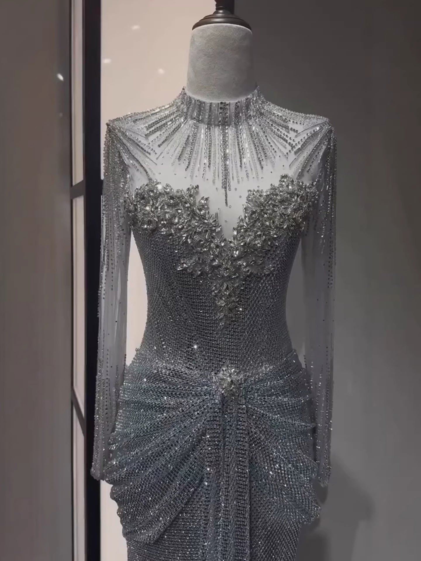 Luxury Silver Crystal Beaded Long Sleeve Evening Dress LA73167 - SERENE  HILL