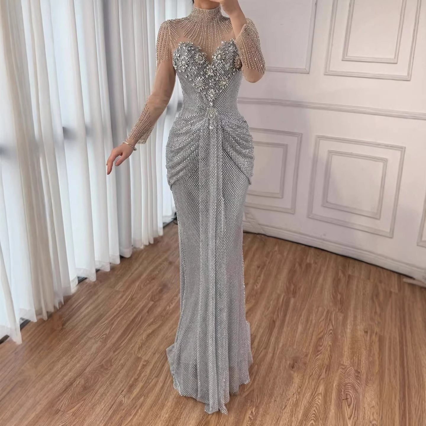 Luxury Silver Crystal Beaded Long Sleeve Evening Dress LA73167 SERENE HILL Luxury Silver Crystal Beaded Long Sleeve Evening Dress LA73167 SERENE HILL