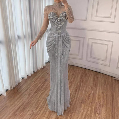 Luxury Silver Crystal Beaded Long Sleeve Evening Dress LA73167 - SERENE  HILL