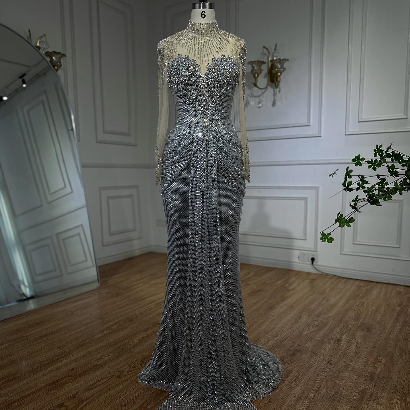 Luxury Silver Crystal Beaded Long Sleeve Evening Dress LA73167 - SERENE  HILL