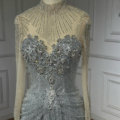 Luxury Silver Crystal Beaded Long Sleeve Evening Dress LA73167 - SERENE  HILL