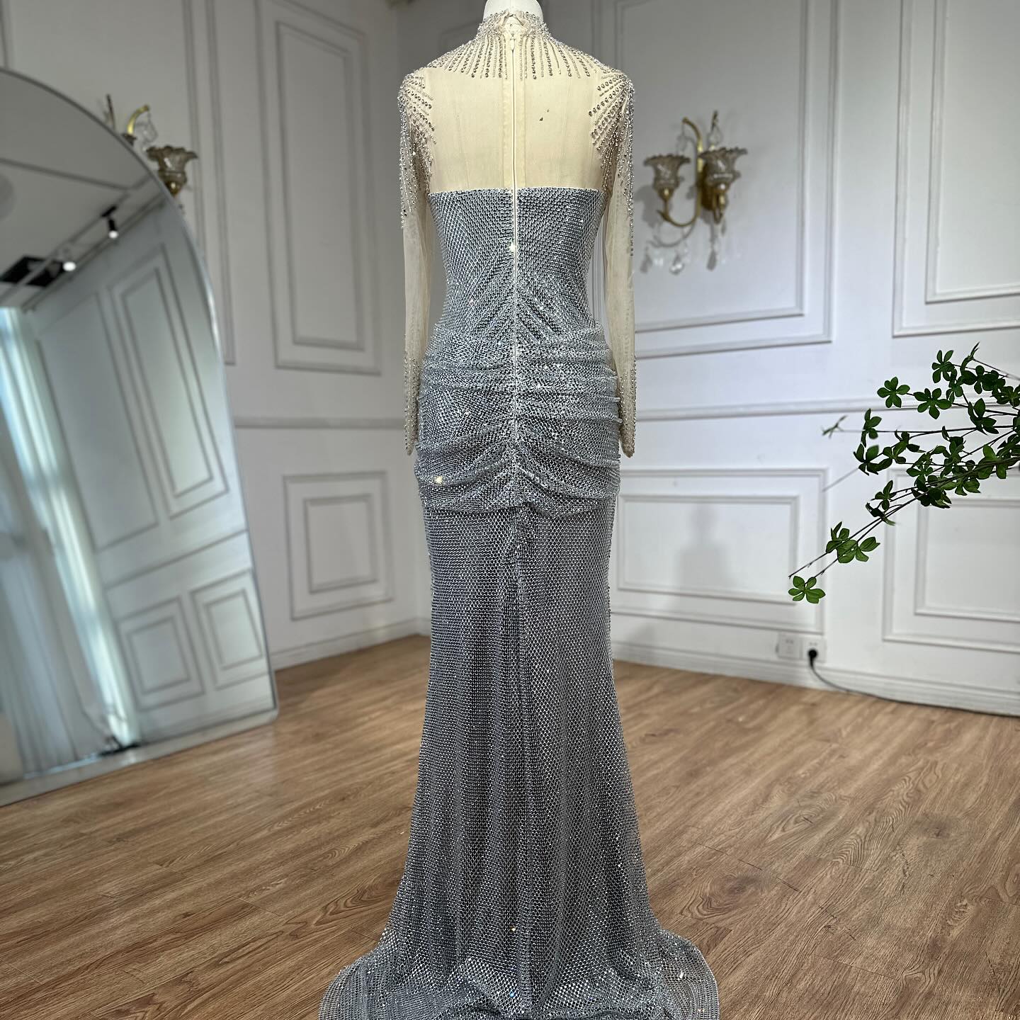 Luxury Silver Crystal Beaded Long Sleeve Evening Dress LA73167 - SERENE  HILL