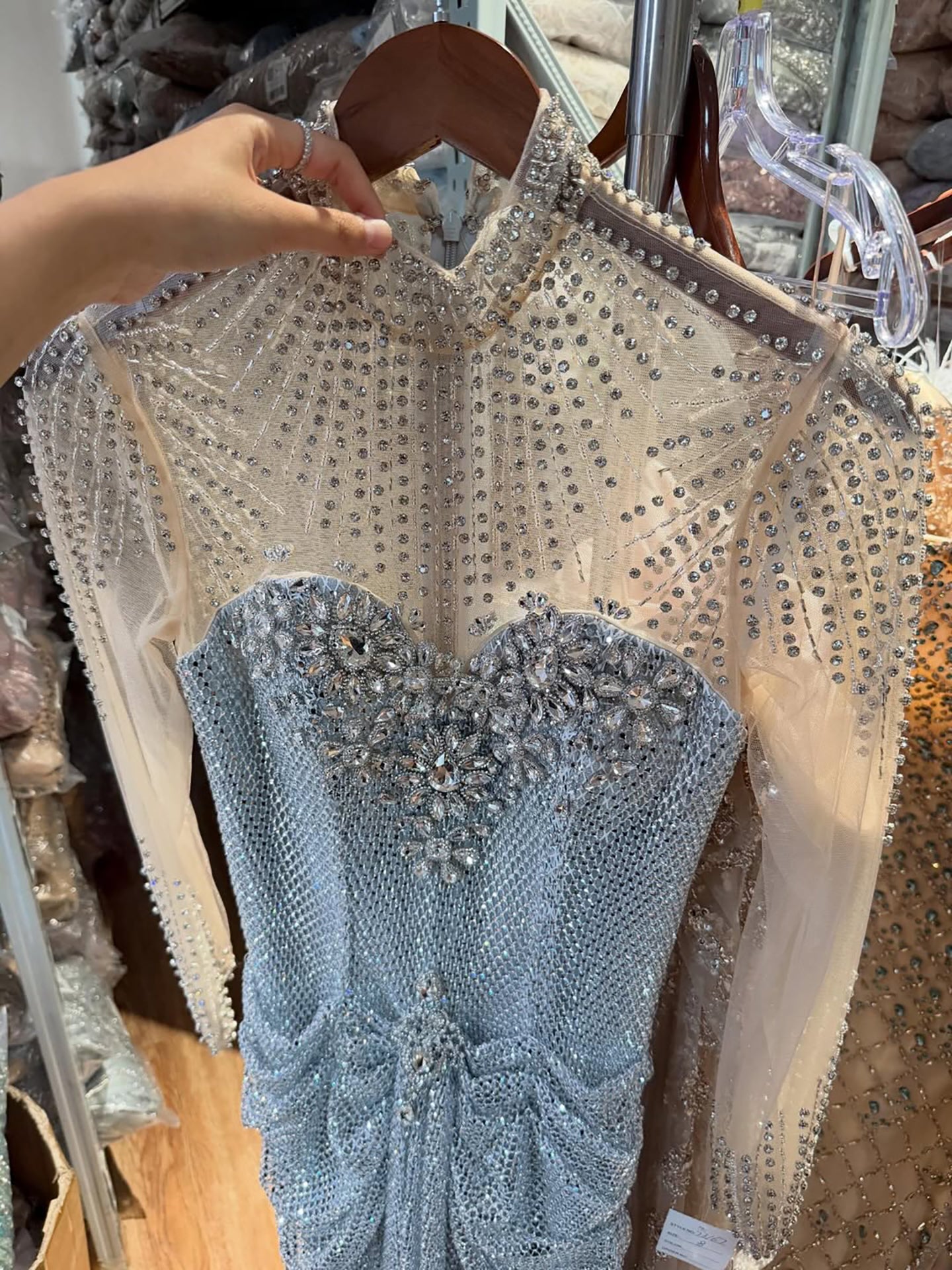 Luxury Silver Crystal Beaded Long Sleeve Evening Dress LA73167
