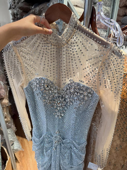 Luxury Silver Crystal Beaded Long Sleeve Evening Dress LA73167