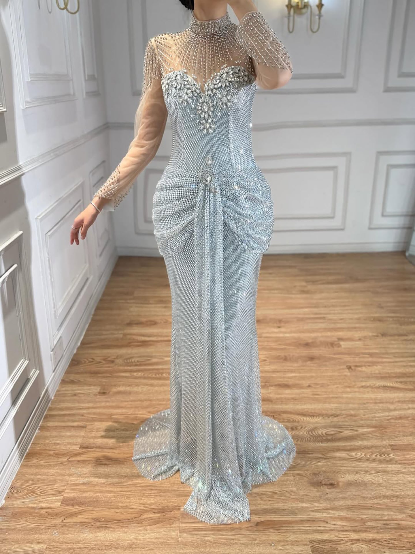 Luxury Silver Crystal Beaded Long Sleeve Evening Dress LA73167