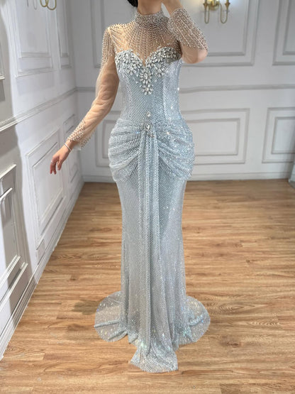 Luxury Silver Crystal Beaded Long Sleeve Evening Dress LA73167